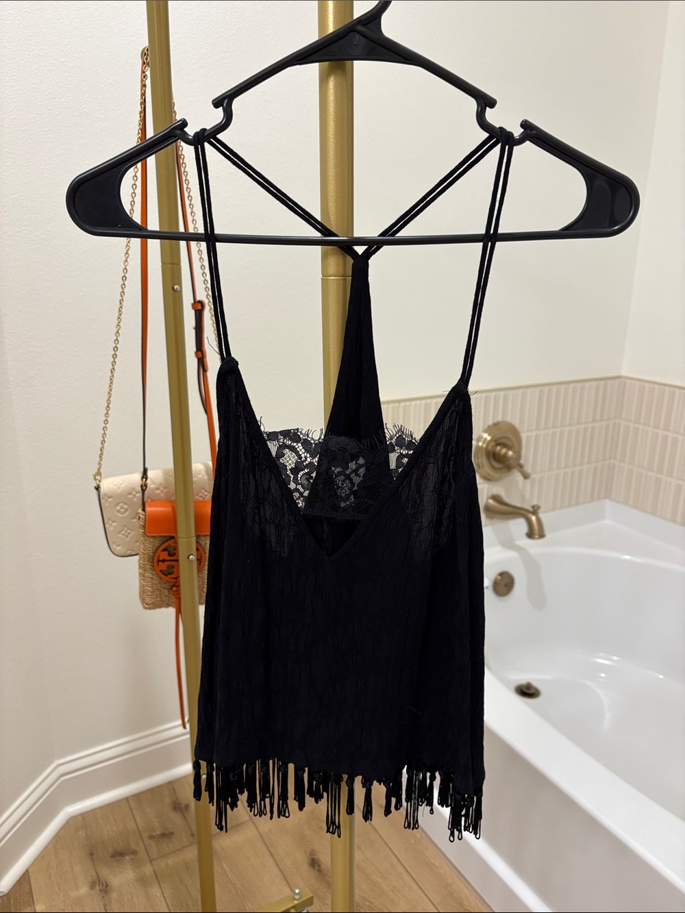 Black Lace-Back Fringe Cami Top